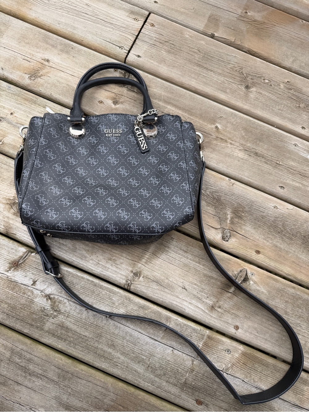 Guess Black Logo Satchel Crossbody Bag | Silver Hardware | Structured Purse - Picture 2 of 15